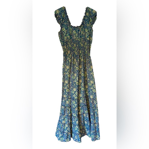 Blue and Green Ruched Smocked Maxi Sundress - Picture 4 of 5